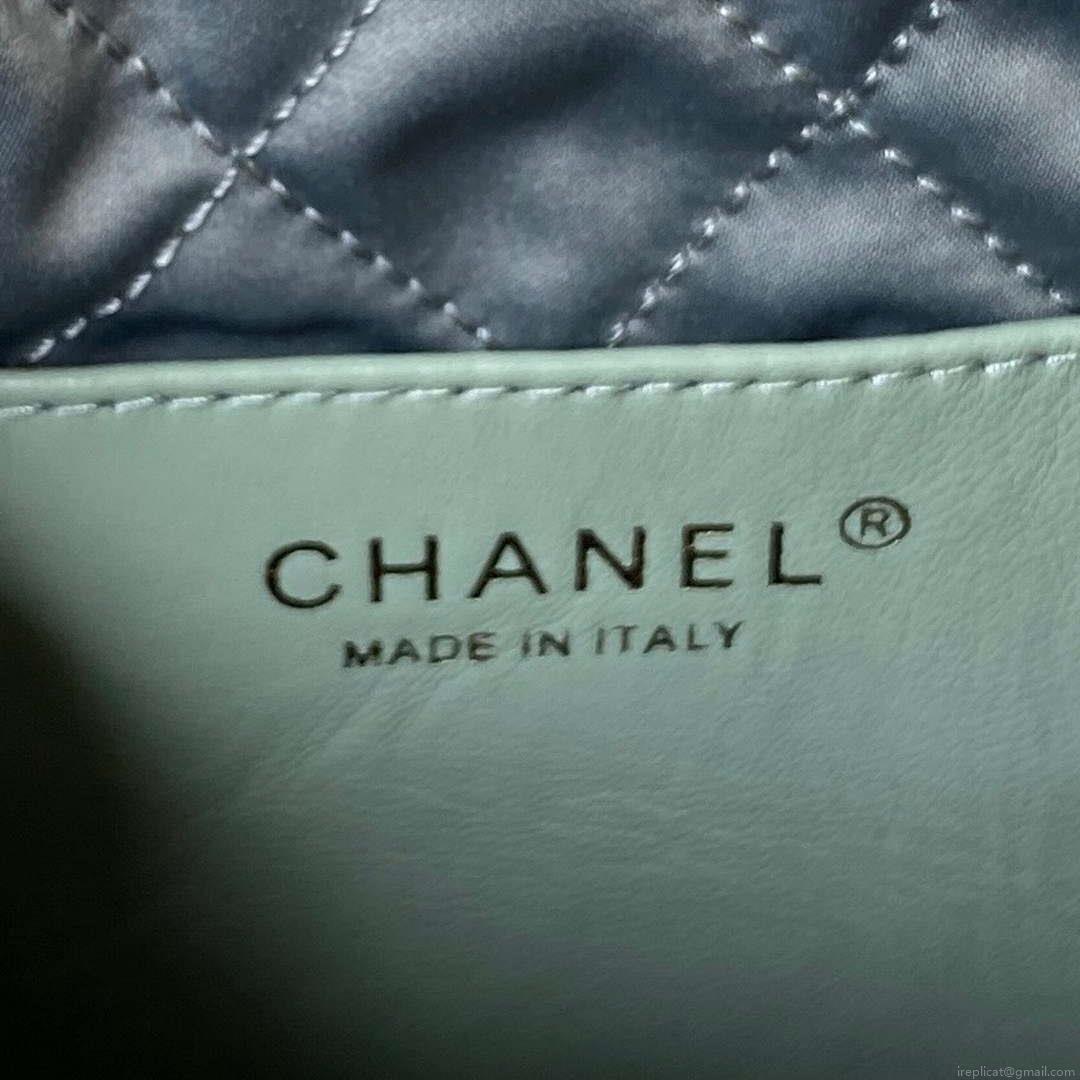 Chanel 22 Mini Handbag AS3980 Shiny Calfskin & Gold-Tone Metal Green Gray