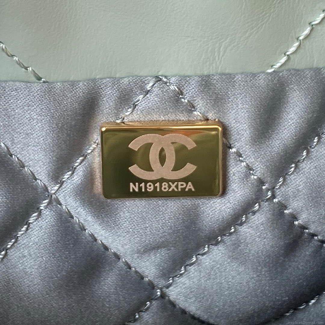 Chanel 22 Mini Handbag AS3980 Shiny Calfskin & Gold-Tone Metal Green Gray