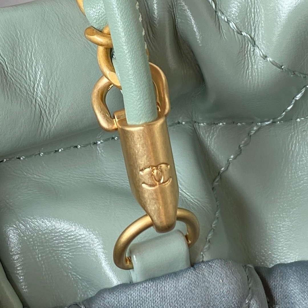 Chanel 22 Mini Handbag AS3980 Shiny Calfskin & Gold-Tone Metal Green Gray