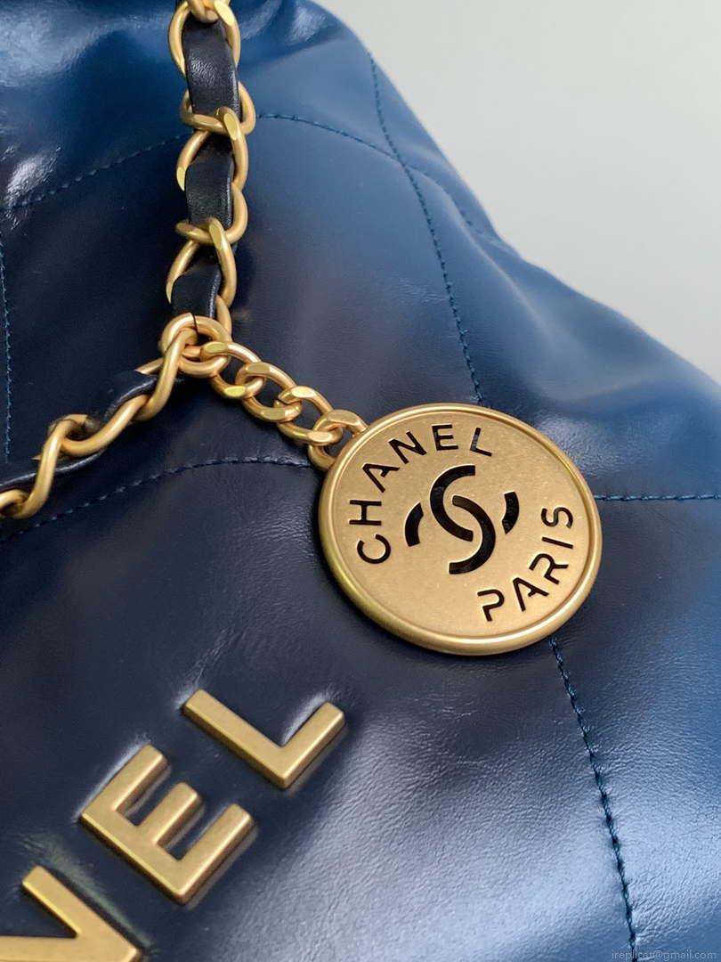 Chanel 22 Mini Handbag AS3980 Shiny Calfskin & Gold-Tone Metal Navy Blue
