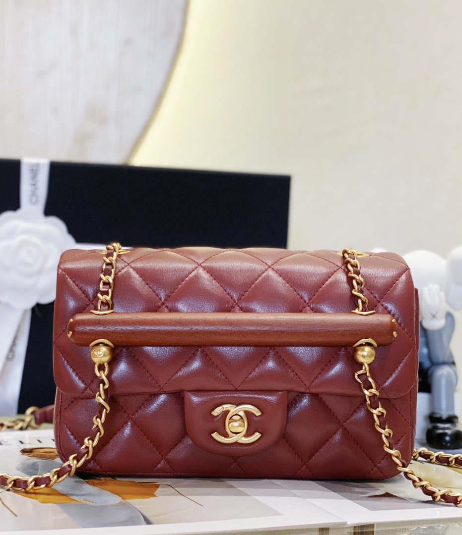 Chanel AS4151 Small Flap Bag With Top Handle Lambskin & Wenge Wood Wine Red