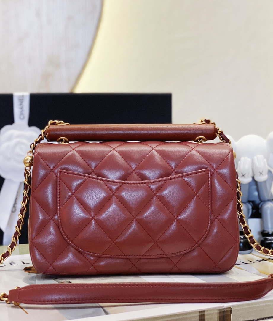 Chanel AS4151 Small Flap Bag With Top Handle Lambskin & Wenge Wood Wine Red