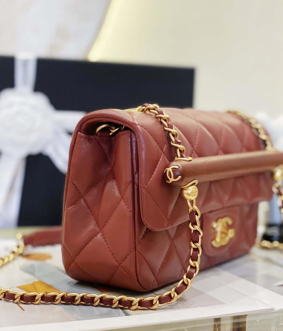 Chanel AS4151 Small Flap Bag With Top Handle Lambskin & Wenge Wood Wine Red