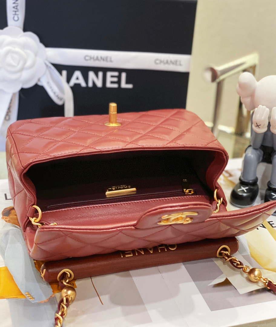 Chanel AS4151 Small Flap Bag With Top Handle Lambskin & Wenge Wood Wine Red