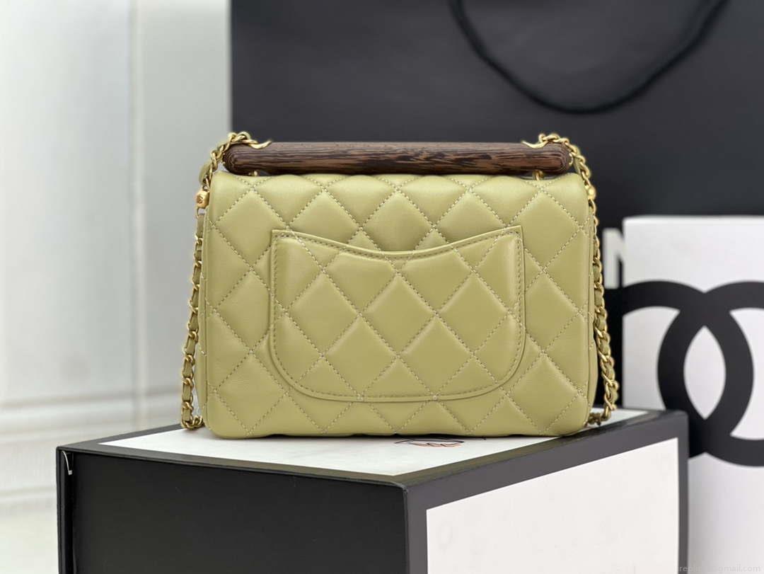 Chanel AS4151 Small Flap Bag With Top Handle Lambskin & Wenge Wood Matcha green