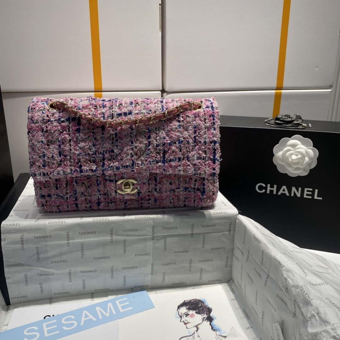 Chanel A01112 Flap Classic Handbag Tweed & Gold-Tone Metal Pink