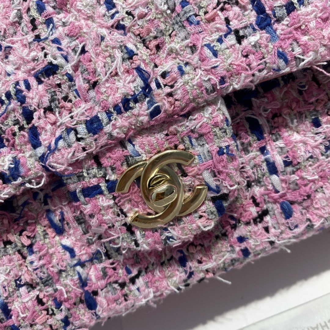 Chanel A01112 Flap Classic Handbag Tweed & Gold-Tone Metal Pink