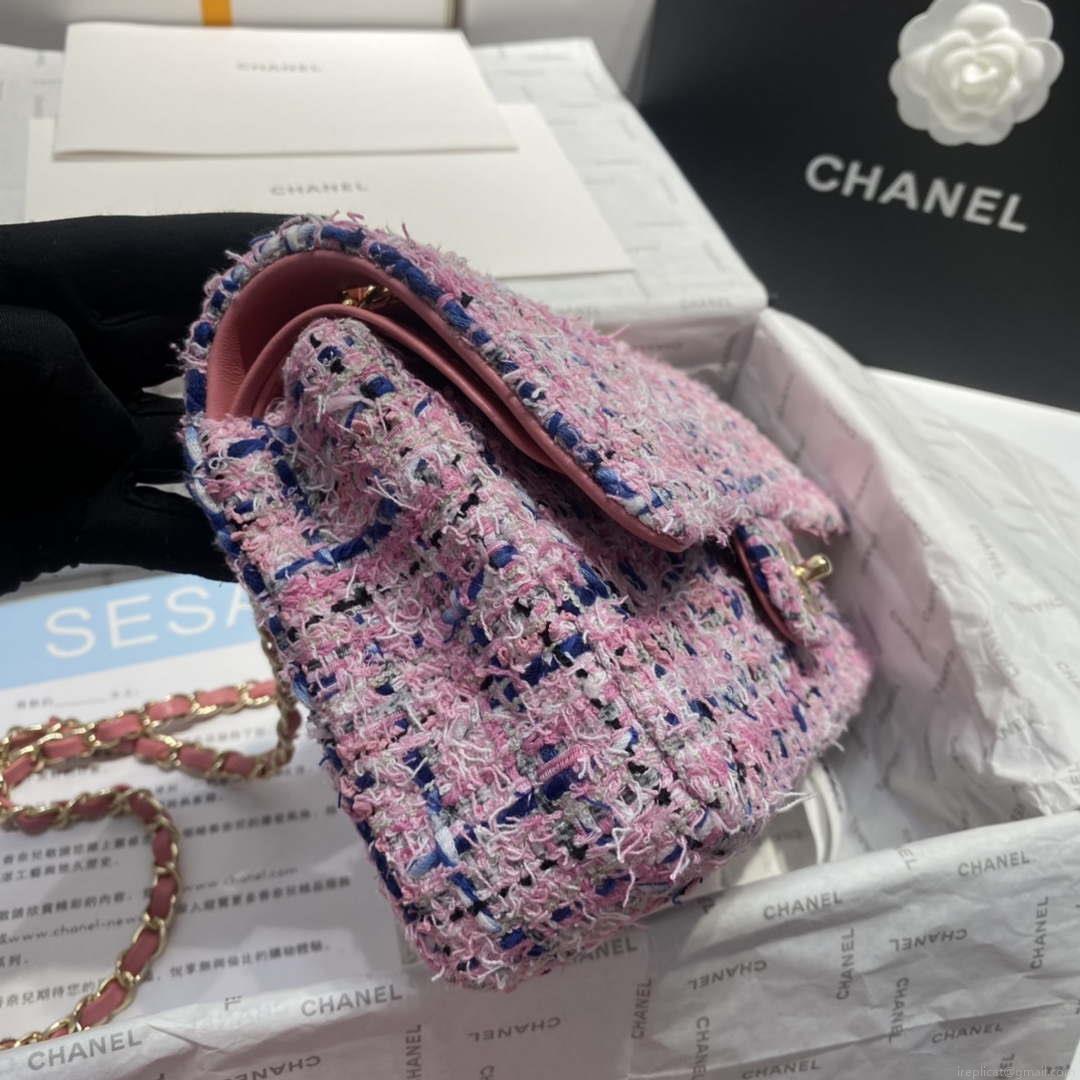 Chanel A01112 Flap Classic Handbag Tweed & Gold-Tone Metal Pink