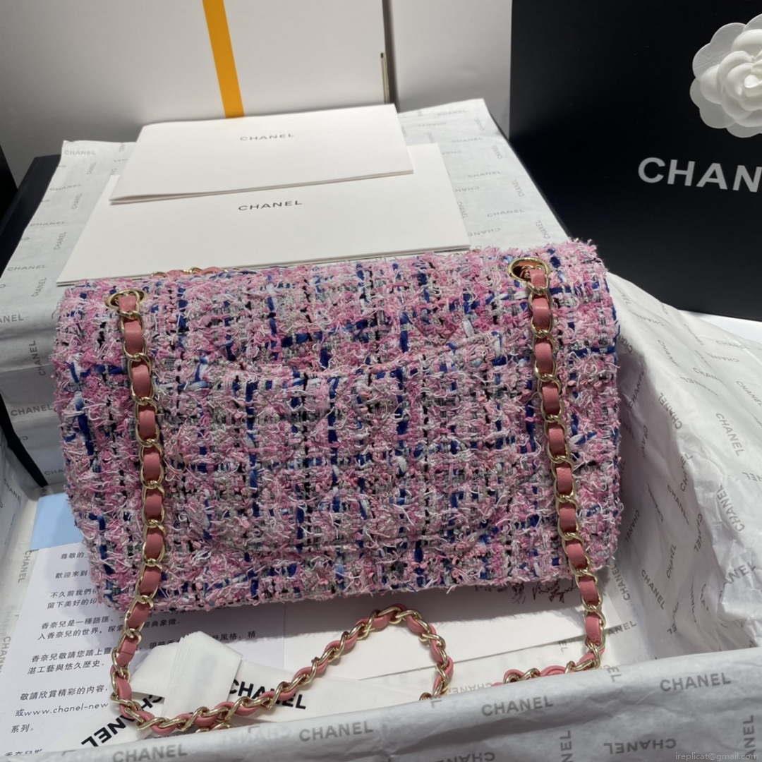 Chanel A01112 Flap Classic Handbag Tweed & Gold-Tone Metal Pink