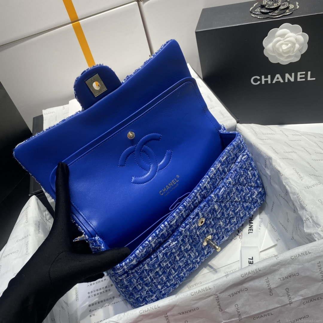 Chanel A01112 Flap Classic Handbag Tweed & Gold-Tone Metal Blue