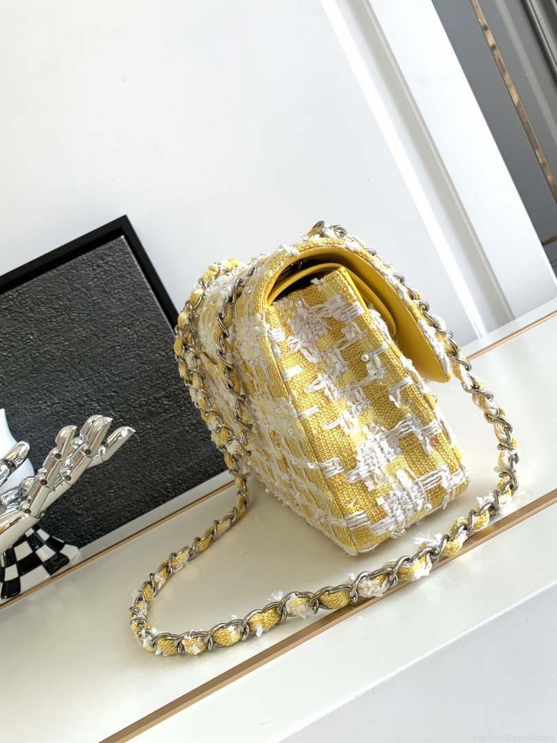 Chanel A01112 Flap Classic Handbag Tweed beads& Silver-Tone Metal Yellow