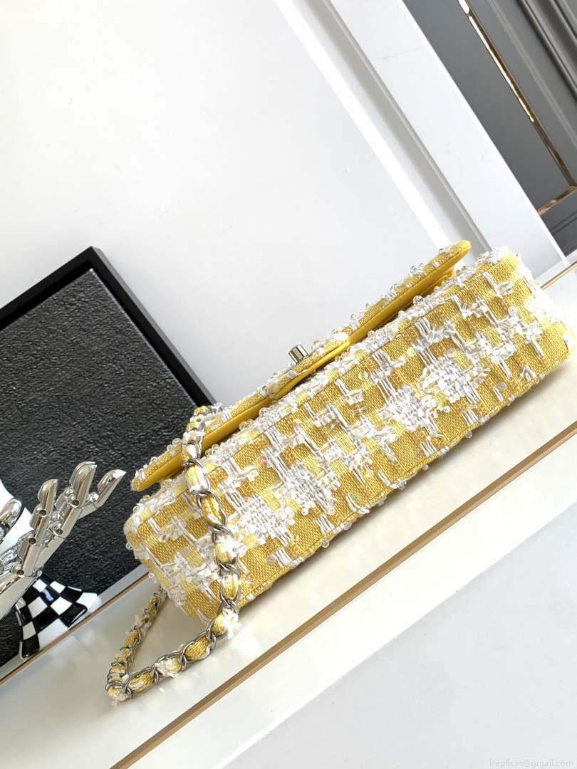 Chanel A01112 Flap Classic Handbag Tweed beads& Silver-Tone Metal Yellow