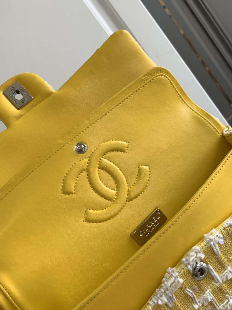 Chanel A01112 Flap Classic Handbag Tweed beads& Silver-Tone Metal Yellow