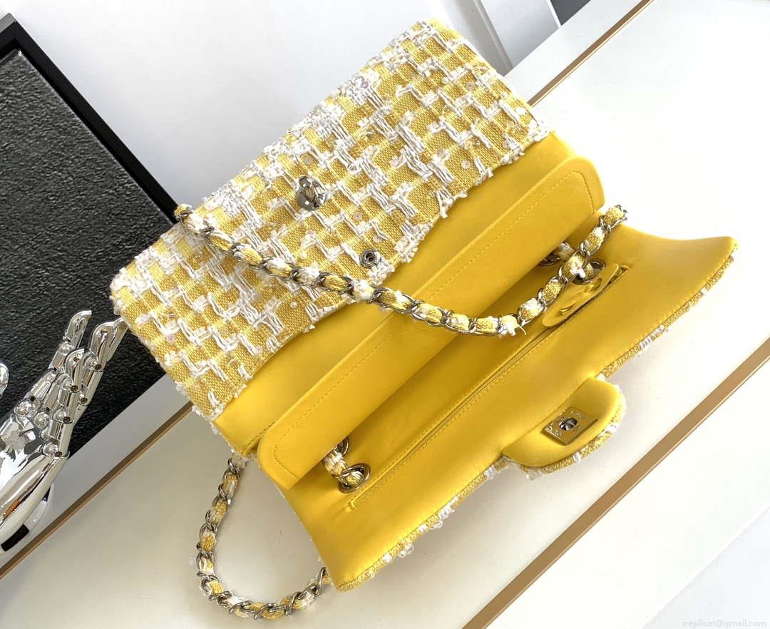 Chanel A01112 Flap Classic Handbag Tweed beads& Silver-Tone Metal Yellow