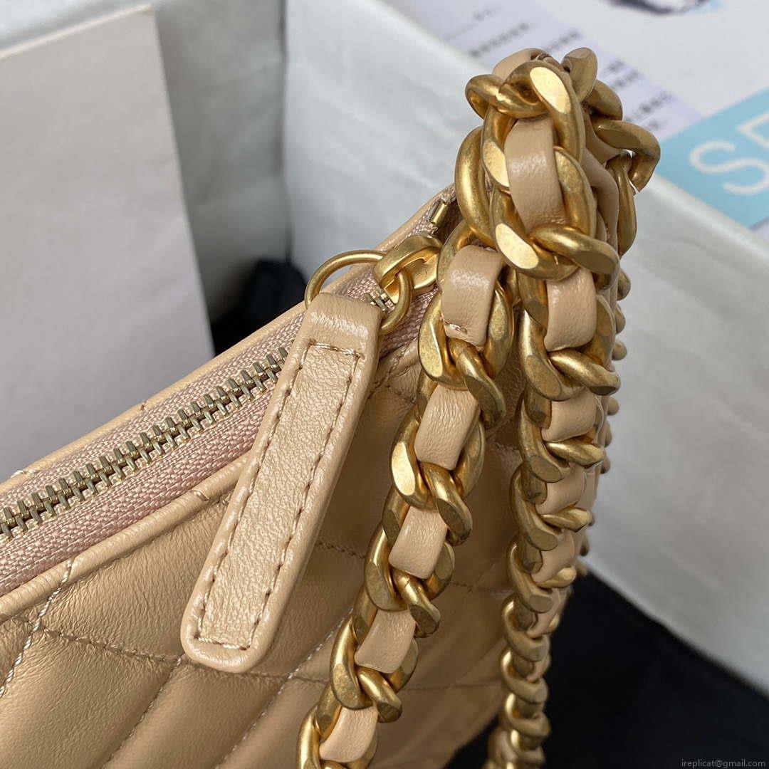 Chanel AS4368 Large HOBO Bag Shiny Crumpled Lambskin & Gold-Tone Metal Apricot