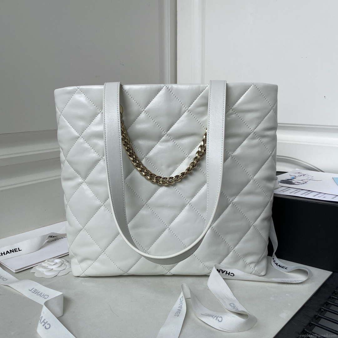 Chanel AS4359 Shopping Bag Shiny Lambskin Gold Metal White