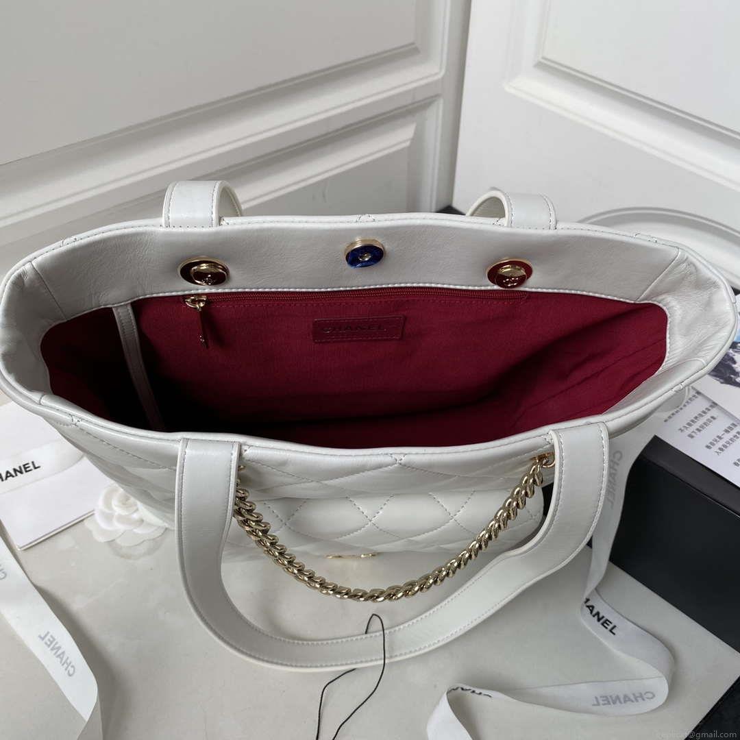 Chanel AS4359 Shopping Bag Shiny Lambskin Gold Metal White