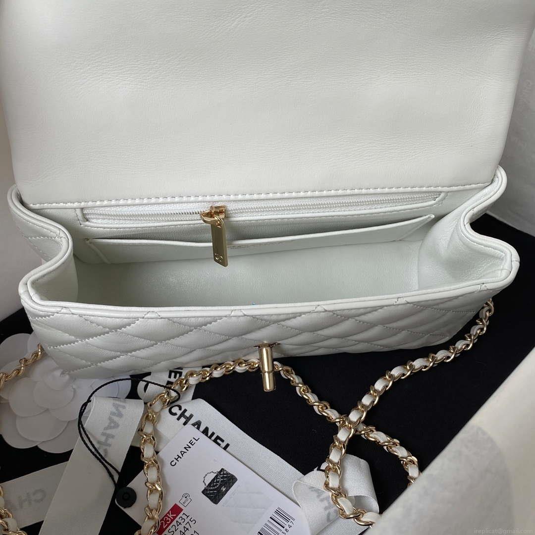 Chanel 23K AS2431 Mini flap Lambskin bag with top handle Whtie