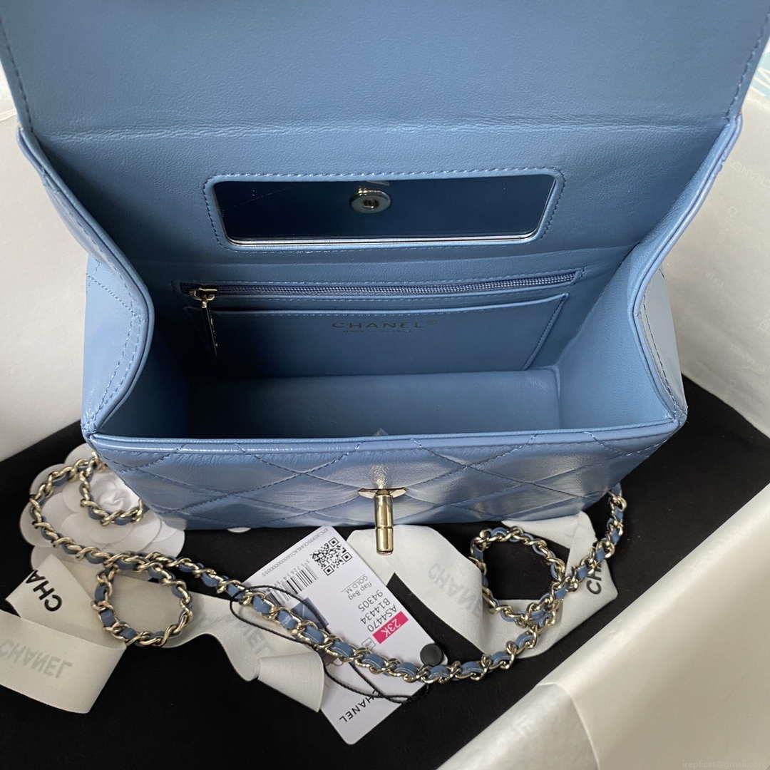 Chanel AS4469 Small BOX Bag Shiny Calfskin & Gold-Tone Metal Blue
