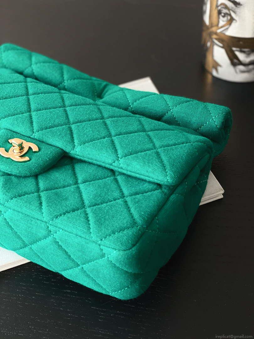 Chanel AS4199 Clutch Wool Jersey & Gold-Tone Metal Dark Green