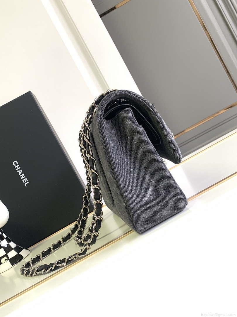 Chanel A01112 Flap Classic Handbag Gray denim beaded sequin bag