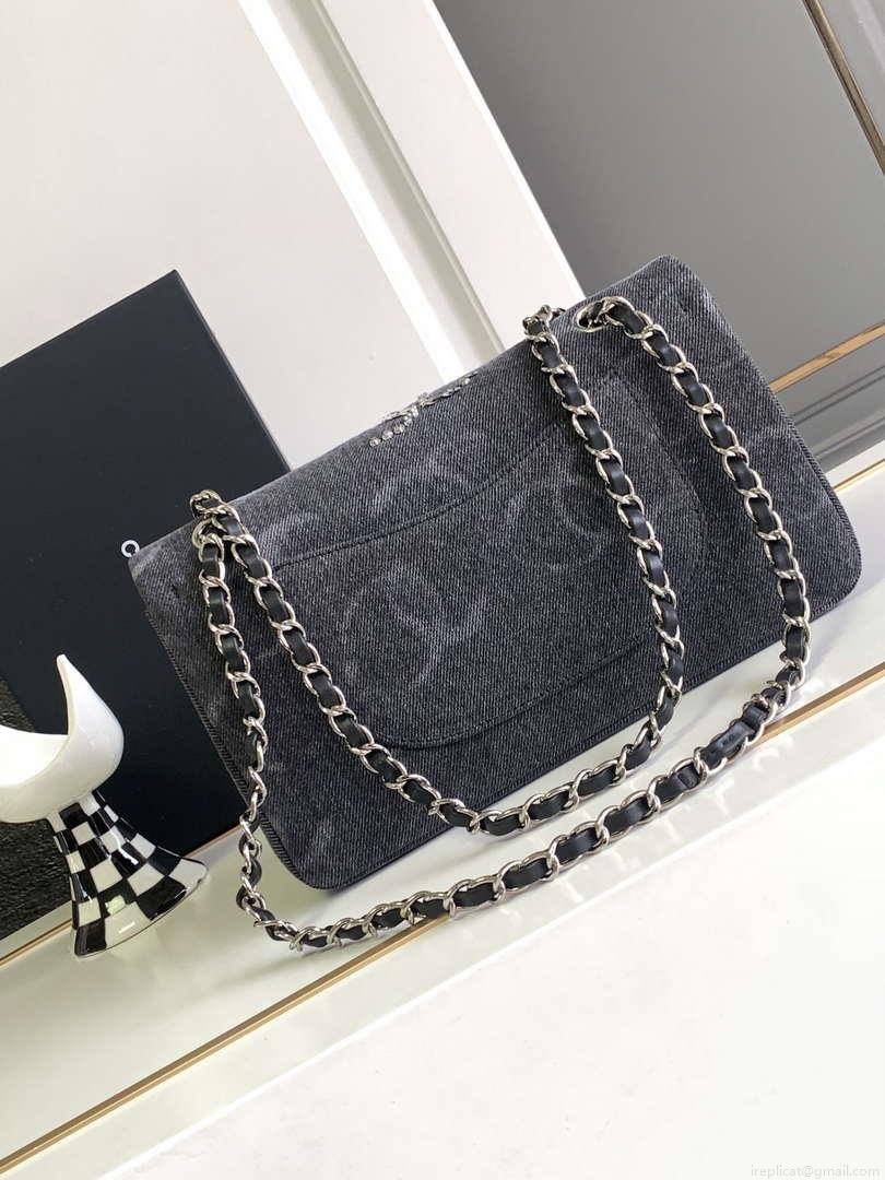Chanel A01112 Flap Classic Handbag Gray denim beaded sequin bag