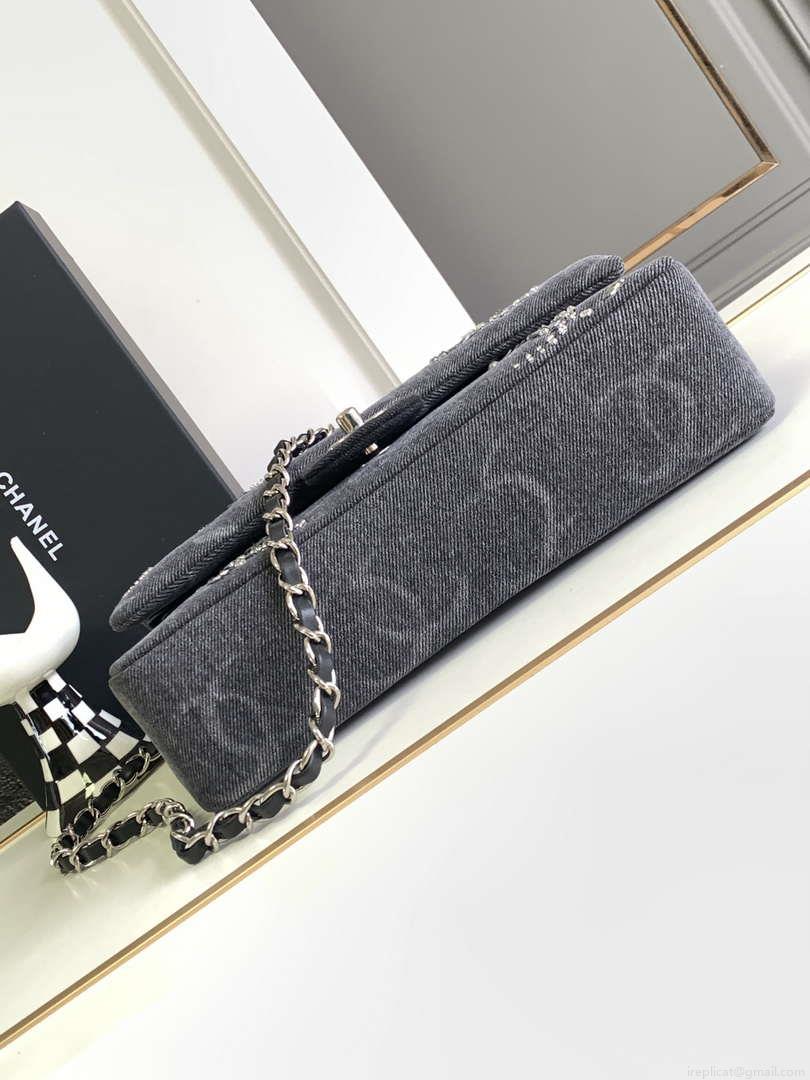 Chanel A01112 Flap Classic Handbag Gray denim beaded sequin bag
