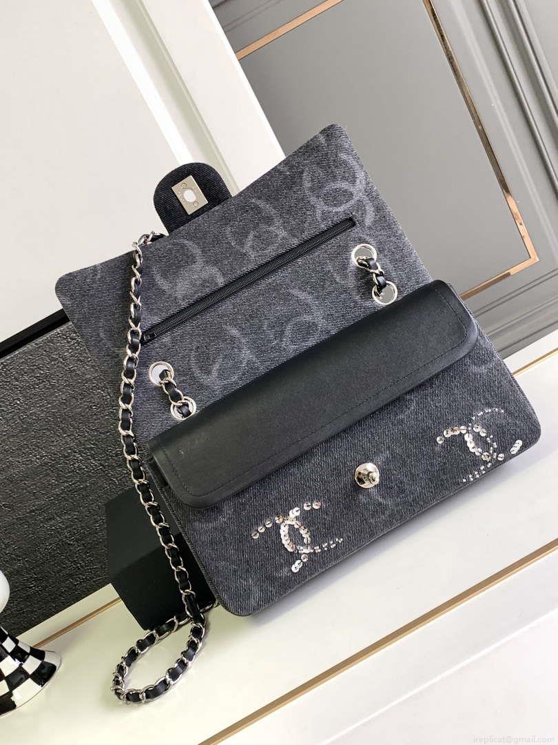 Chanel A01112 Flap Classic Handbag Gray denim beaded sequin bag