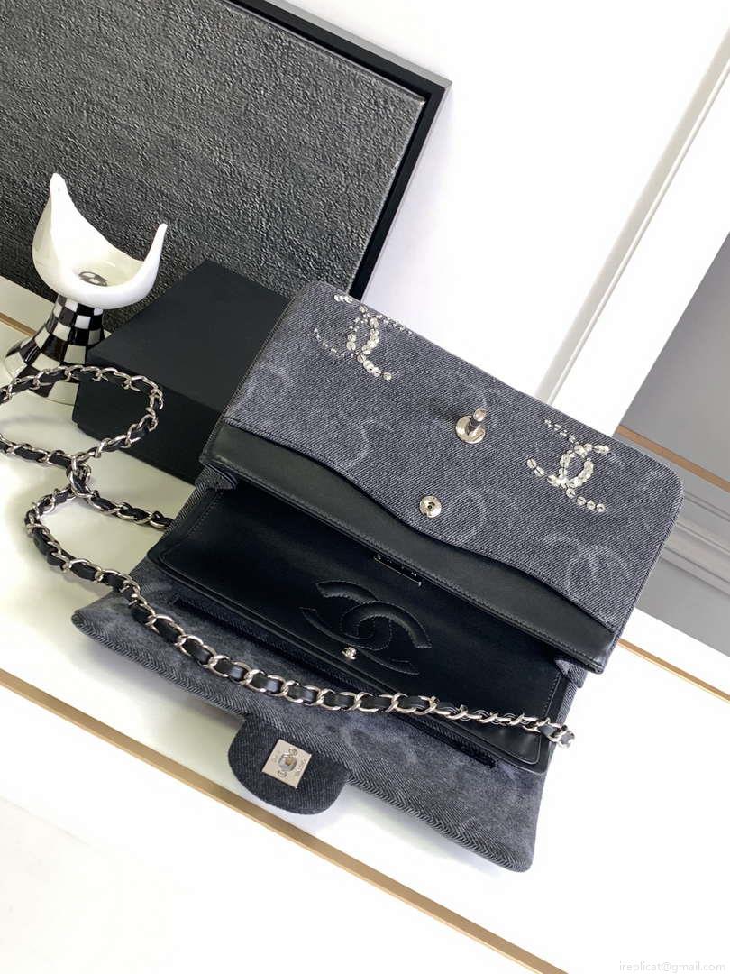 Chanel A01112 Flap Classic Handbag Gray denim beaded sequin bag