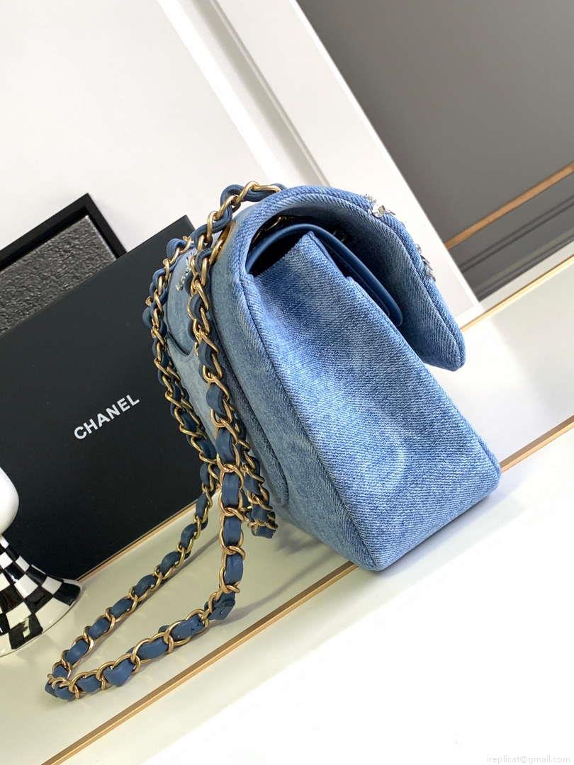 Chanel A01112 Flap Classic Handbag Blue Denim beaded sequin bag
