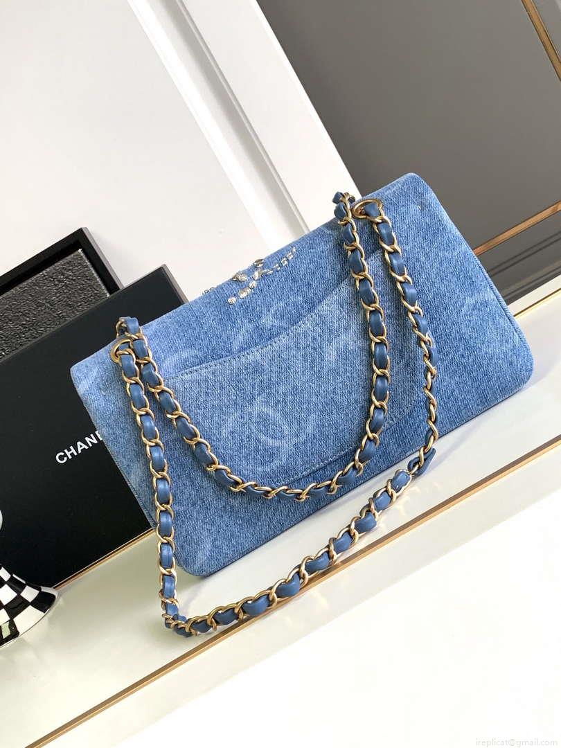 Chanel A01112 Flap Classic Handbag Blue Denim beaded sequin bag