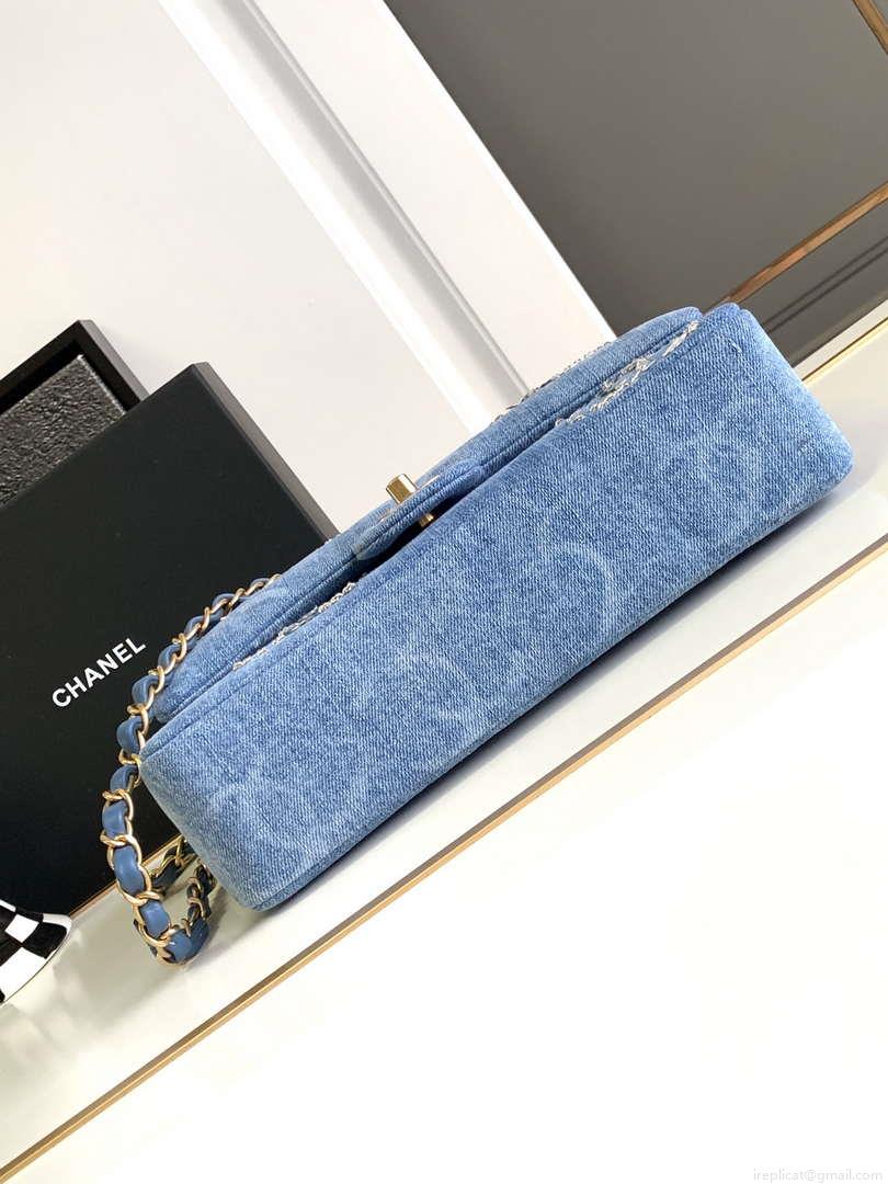 Chanel A01112 Flap Classic Handbag Blue Denim beaded sequin bag