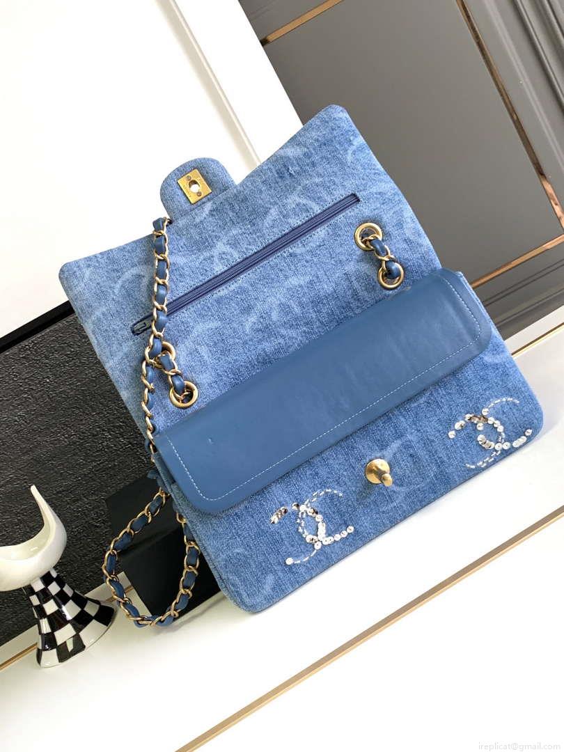 Chanel A01112 Flap Classic Handbag Blue Denim beaded sequin bag