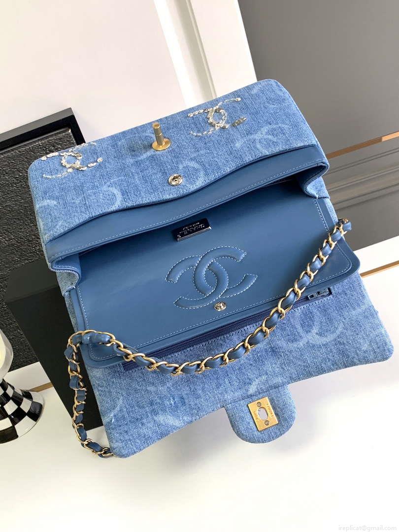 Chanel A01112 Flap Classic Handbag Blue Denim beaded sequin bag