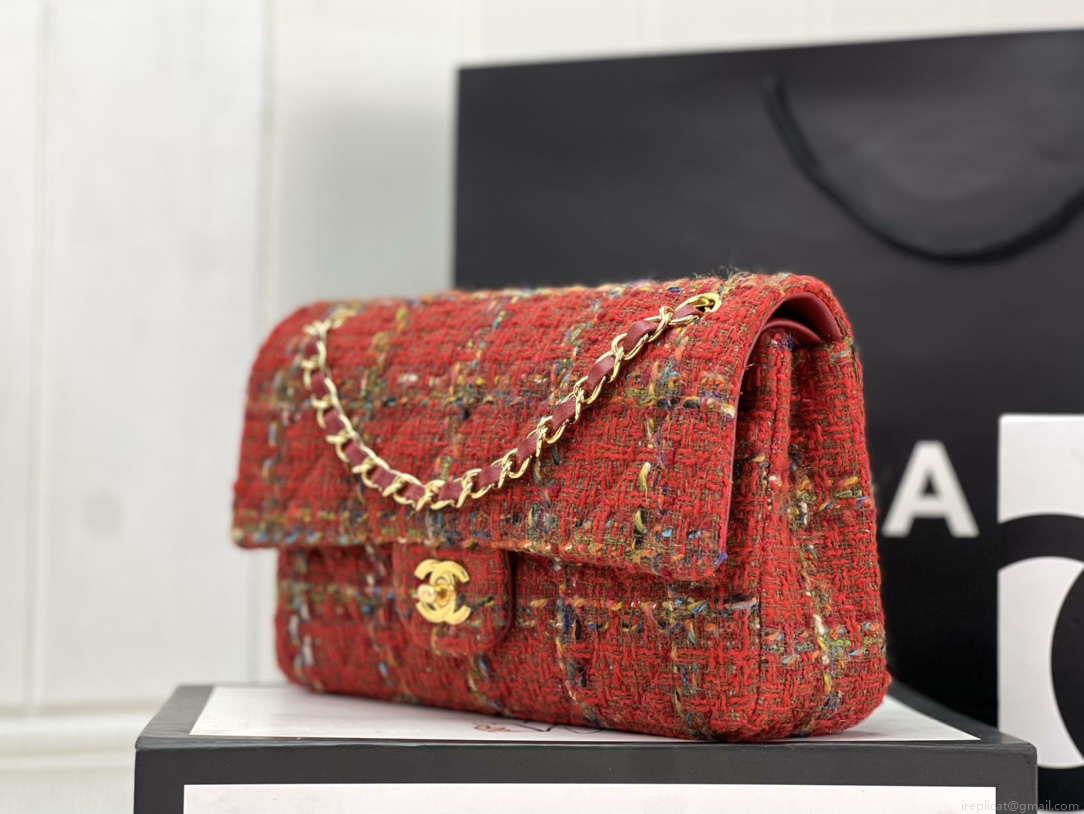 Chanel A01112 Flap Classic Handbag Woolen & Gold-Tone Metal Red