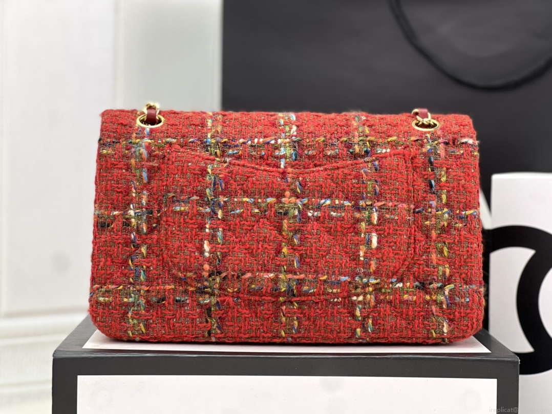 Chanel A01112 Flap Classic Handbag Woolen & Gold-Tone Metal Red