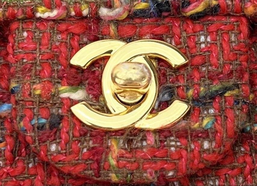 Chanel A01112 Flap Classic Handbag Woolen & Gold-Tone Metal Red