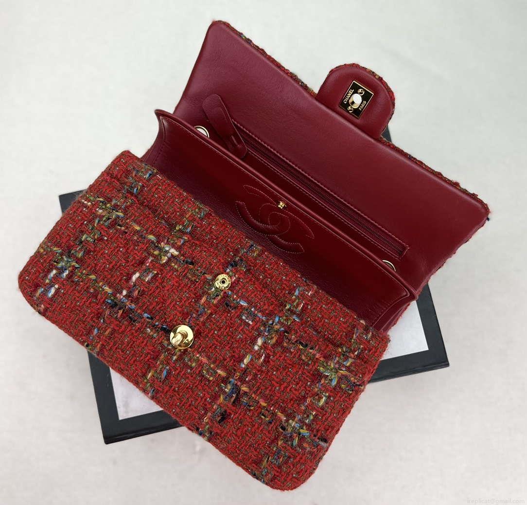 Chanel A01112 Flap Classic Handbag Woolen & Gold-Tone Metal Red