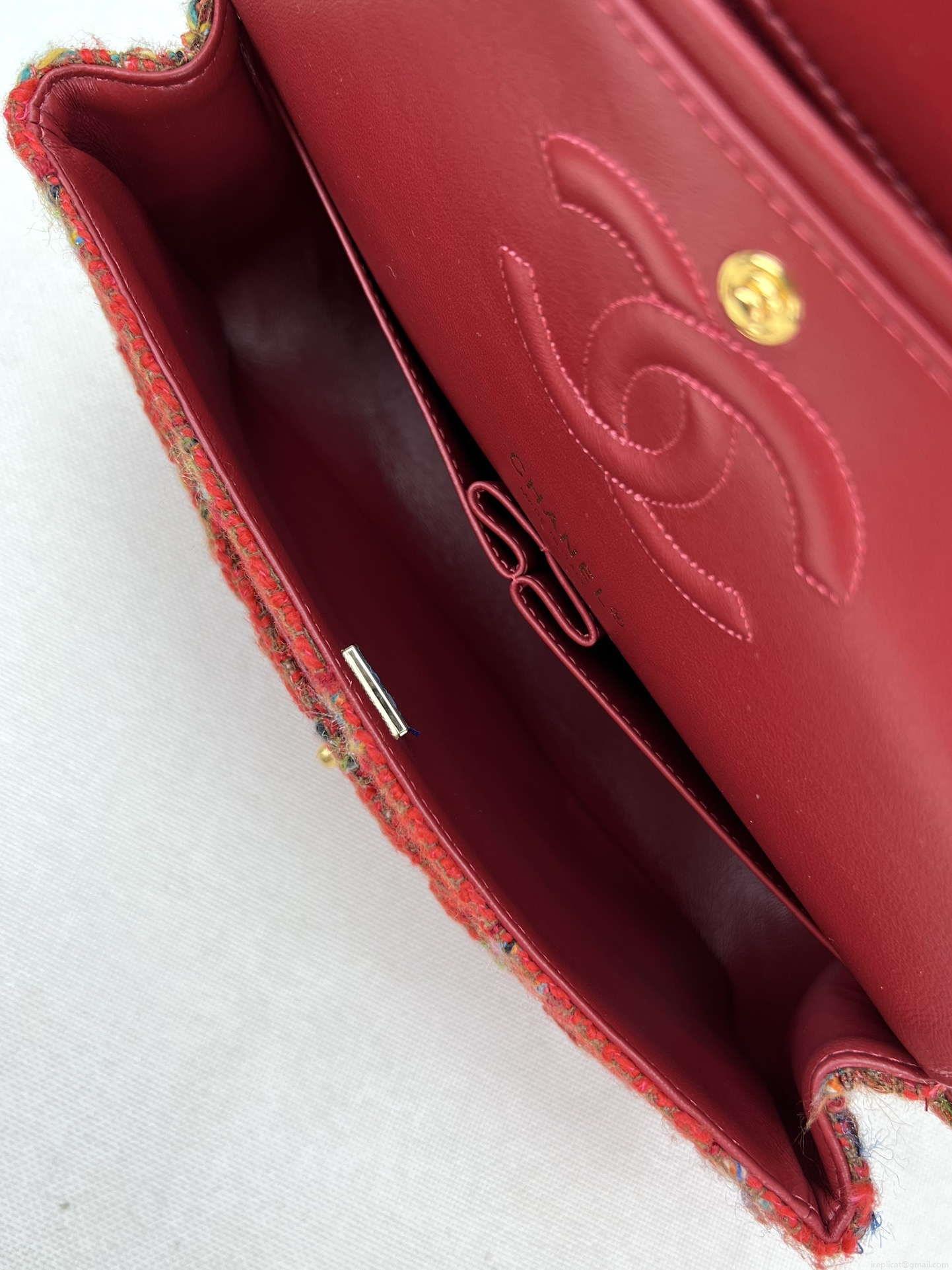 Chanel A01112 Flap Classic Handbag Woolen & Gold-Tone Metal Red