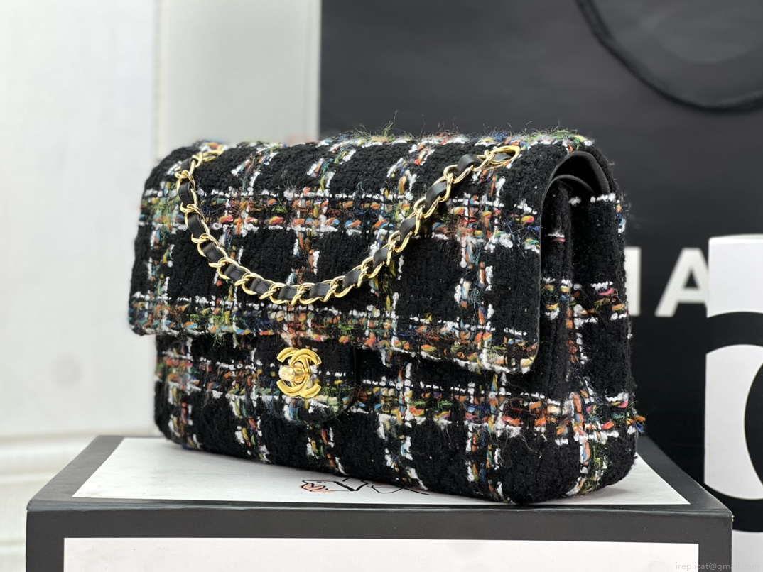Chanel A01112 Flap Classic Handbag Woolen & Gold-Tone Metal Black