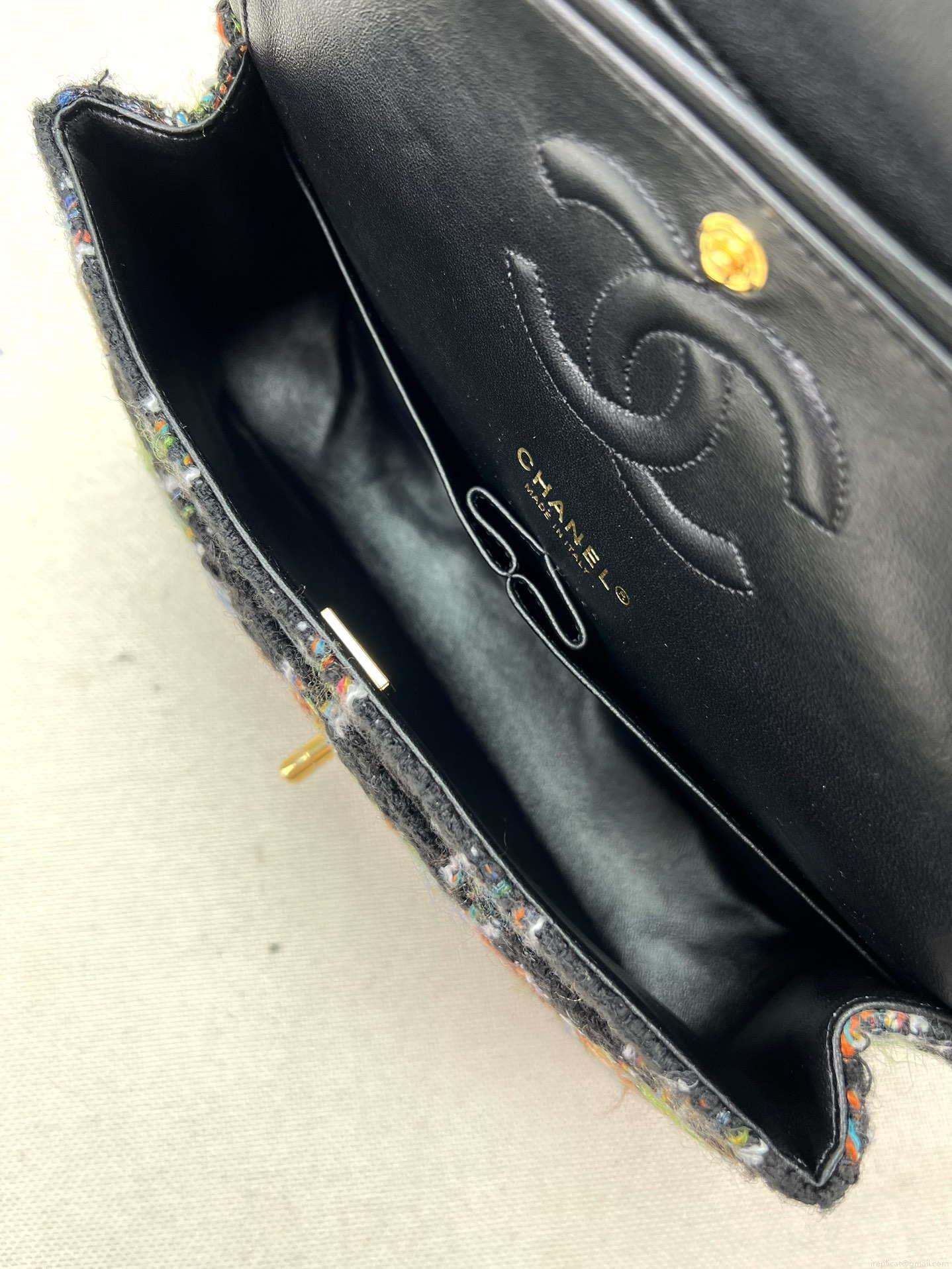 Chanel A01112 Flap Classic Handbag Woolen & Gold-Tone Metal Black