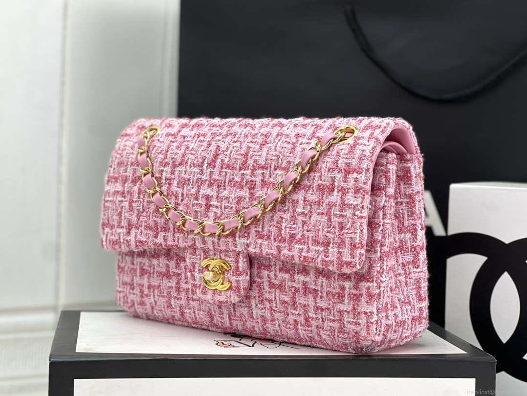 Chanel A01112 Flap Classic Handbag Woolen & Gold-Tone Metal Pink