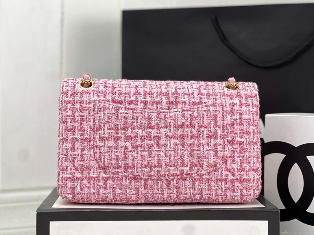 Chanel A01112 Flap Classic Handbag Woolen & Gold-Tone Metal Pink