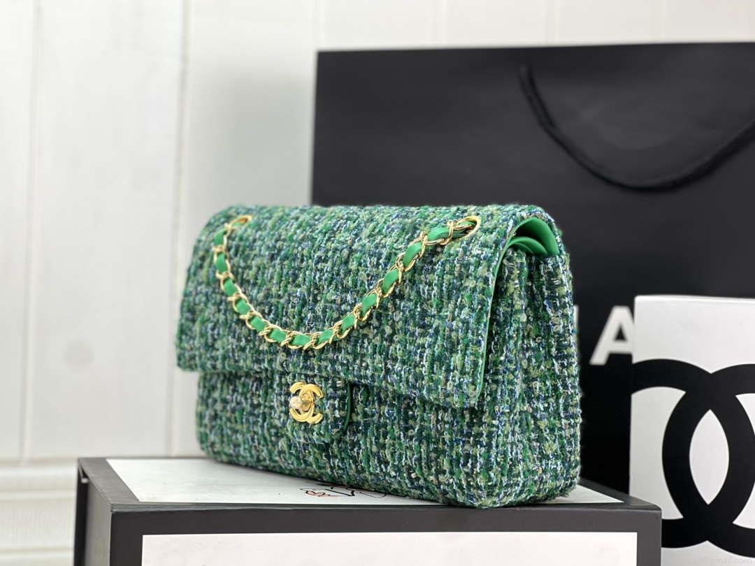Chanel A01112 Flap Classic Handbag Woolen & Gold-Tone Metal Green