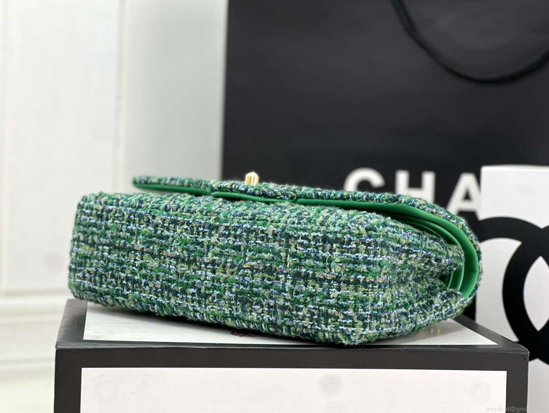 Chanel A01112 Flap Classic Handbag Woolen & Gold-Tone Metal Green