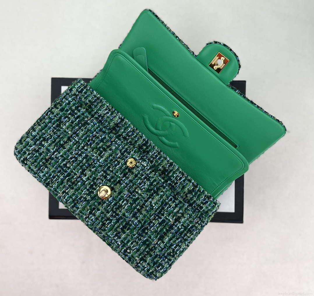 Chanel A01112 Flap Classic Handbag Woolen & Gold-Tone Metal Green