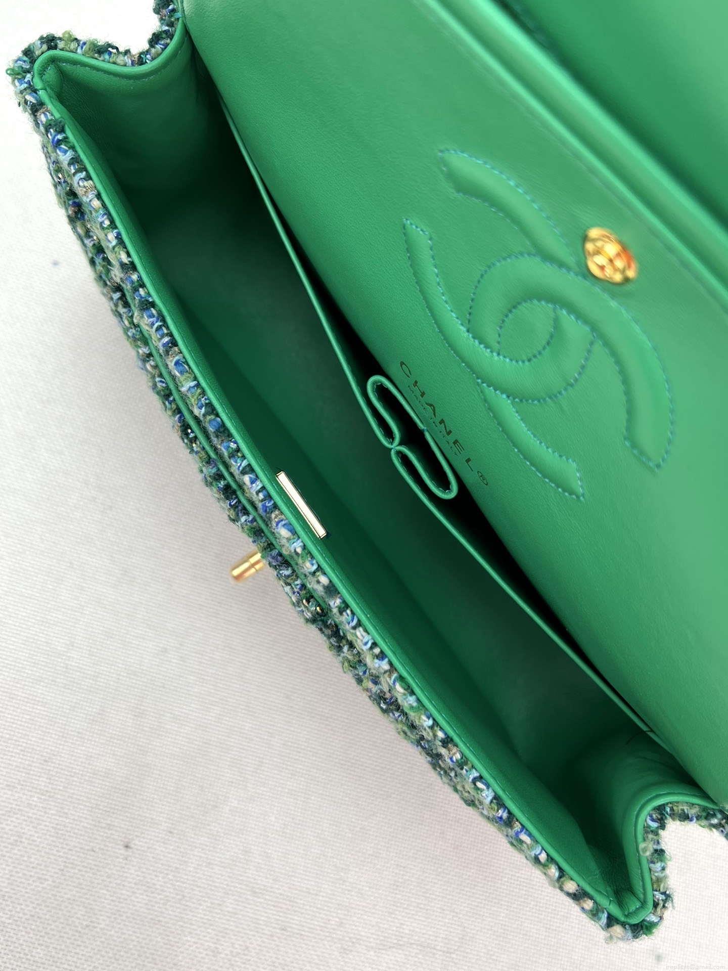 Chanel A01112 Flap Classic Handbag Woolen & Gold-Tone Metal Green
