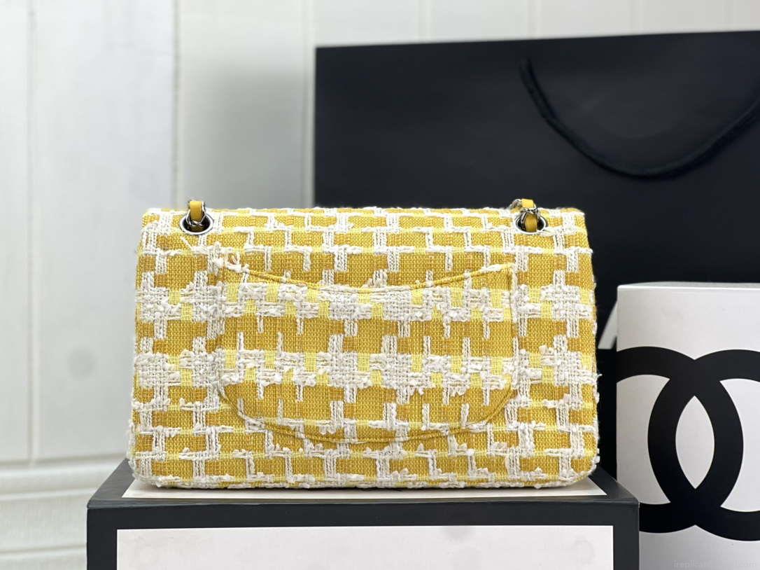Chanel A01112 Flap Classic Handbag Woolen & Silver-Tone Metal Yellow