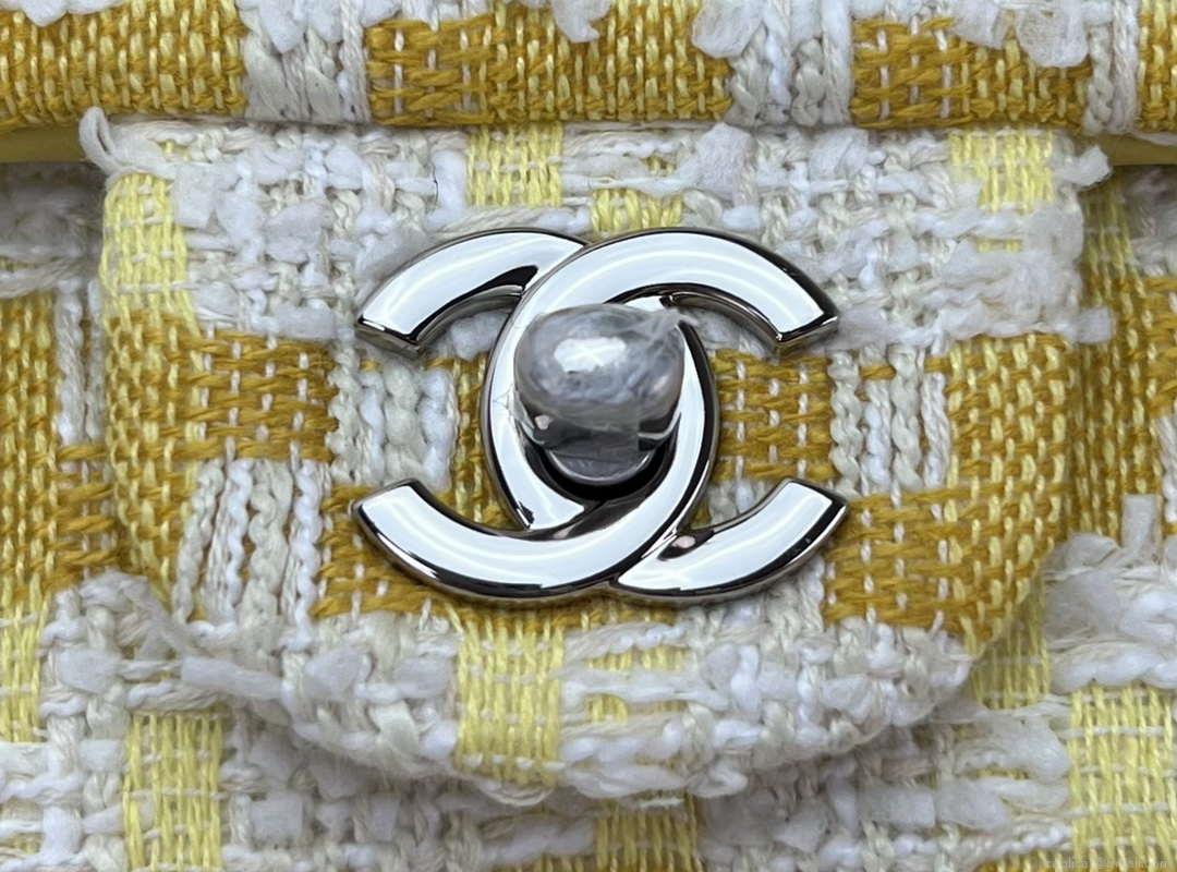 Chanel A01112 Flap Classic Handbag Woolen & Silver-Tone Metal Yellow