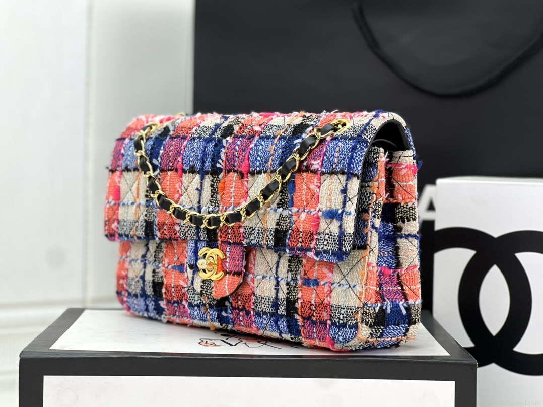 Chanel A01112 Flap Classic Handbag Woolen & Gold-Tone Metal Pink & Blue